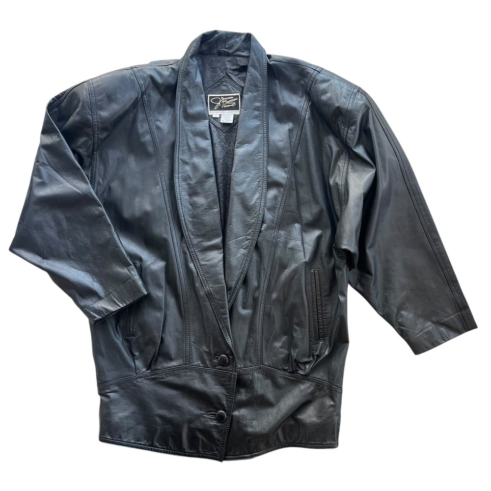J.Ferrar Women M Black Signature Leather Shawl Collar Blazer Jacket Oversize VTG